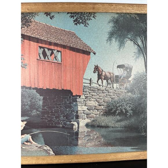 Vintage 1968 Paul Detlefsen “Covered Bridge” Litho In Wood Frame, 16x22” - Picture 3 of 8